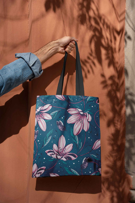 flower-blue tote bag all over print
